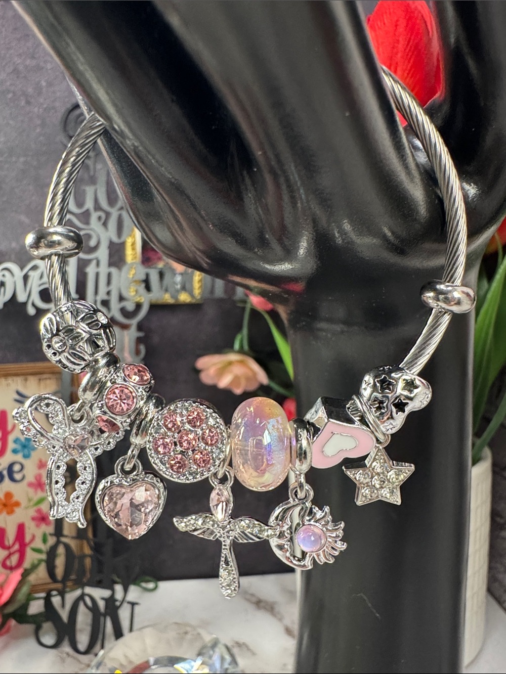 Sterling-Overtone Pink Charm Bracelet with Heart & Star Charms